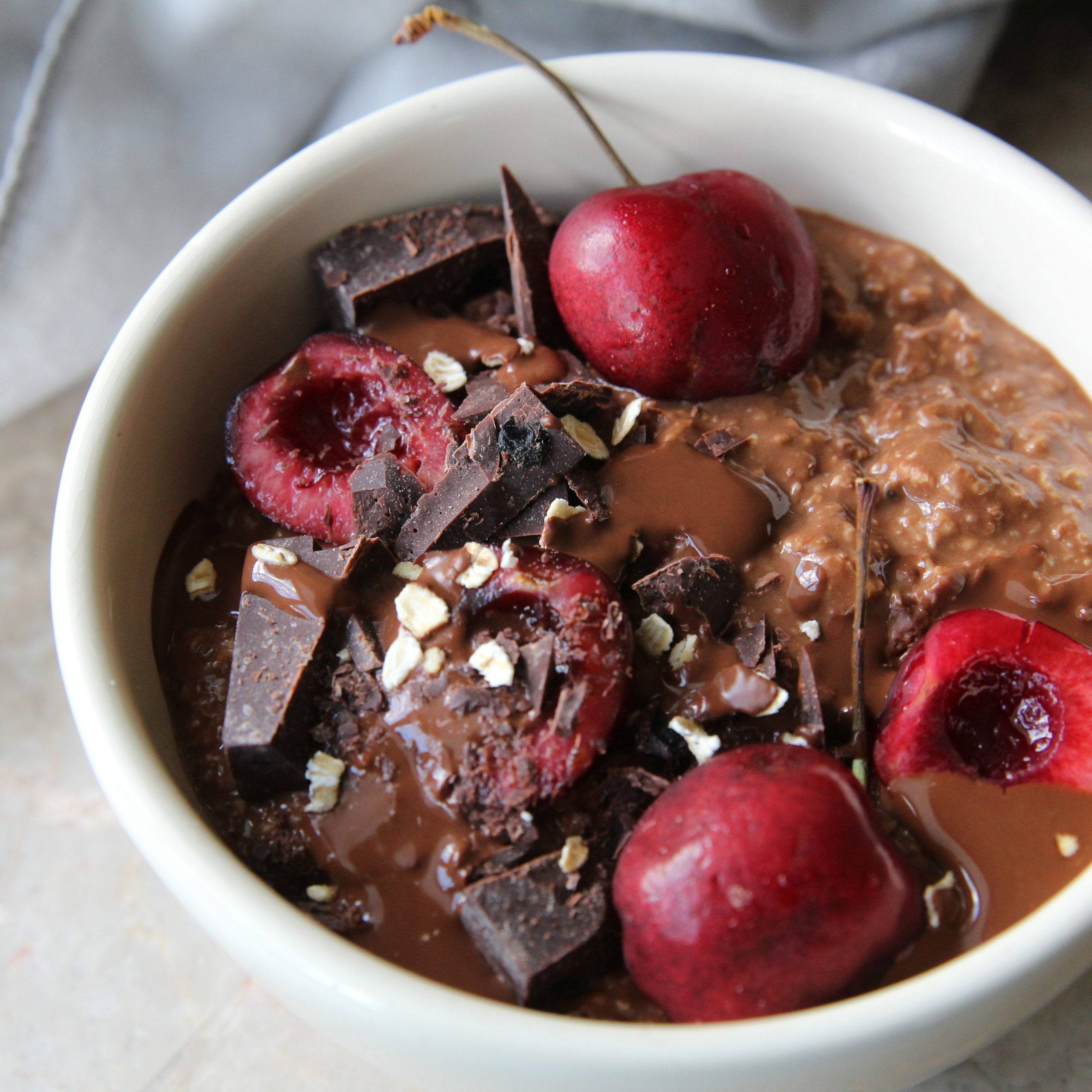 Dark Chocolate Oatmeal with Cherries Breakfast Bowl