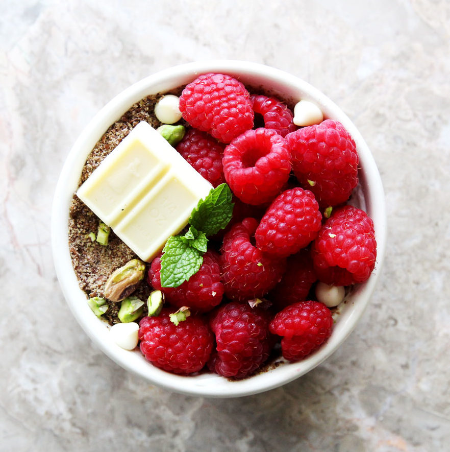 White Chocolate & Raspberry Yogurt Bowl - Red Velvet Roll Cake