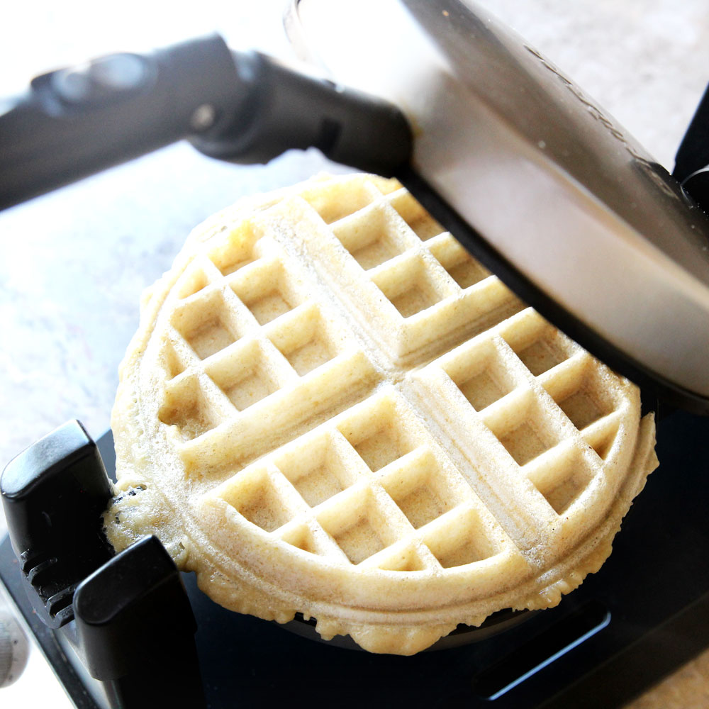 using a waffle iron to waffle mochi