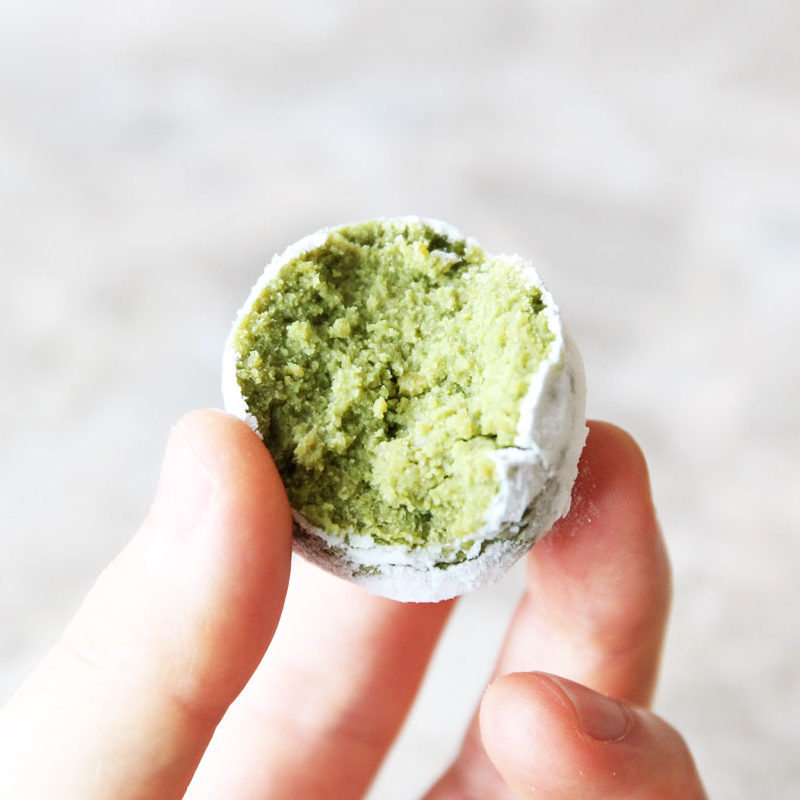 Matcha Chickpea Snowball Cookies - cashew butter mooncakes