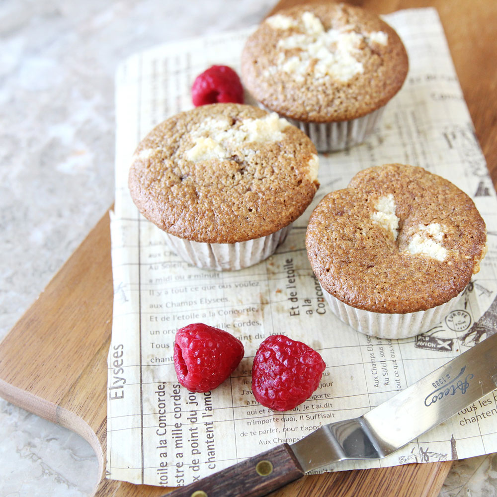 Cauliflower Raspberry Muffins with Almond Flour Streusel (Paleo, Low Carb) - Strawberry Greek Yogurt Frosting