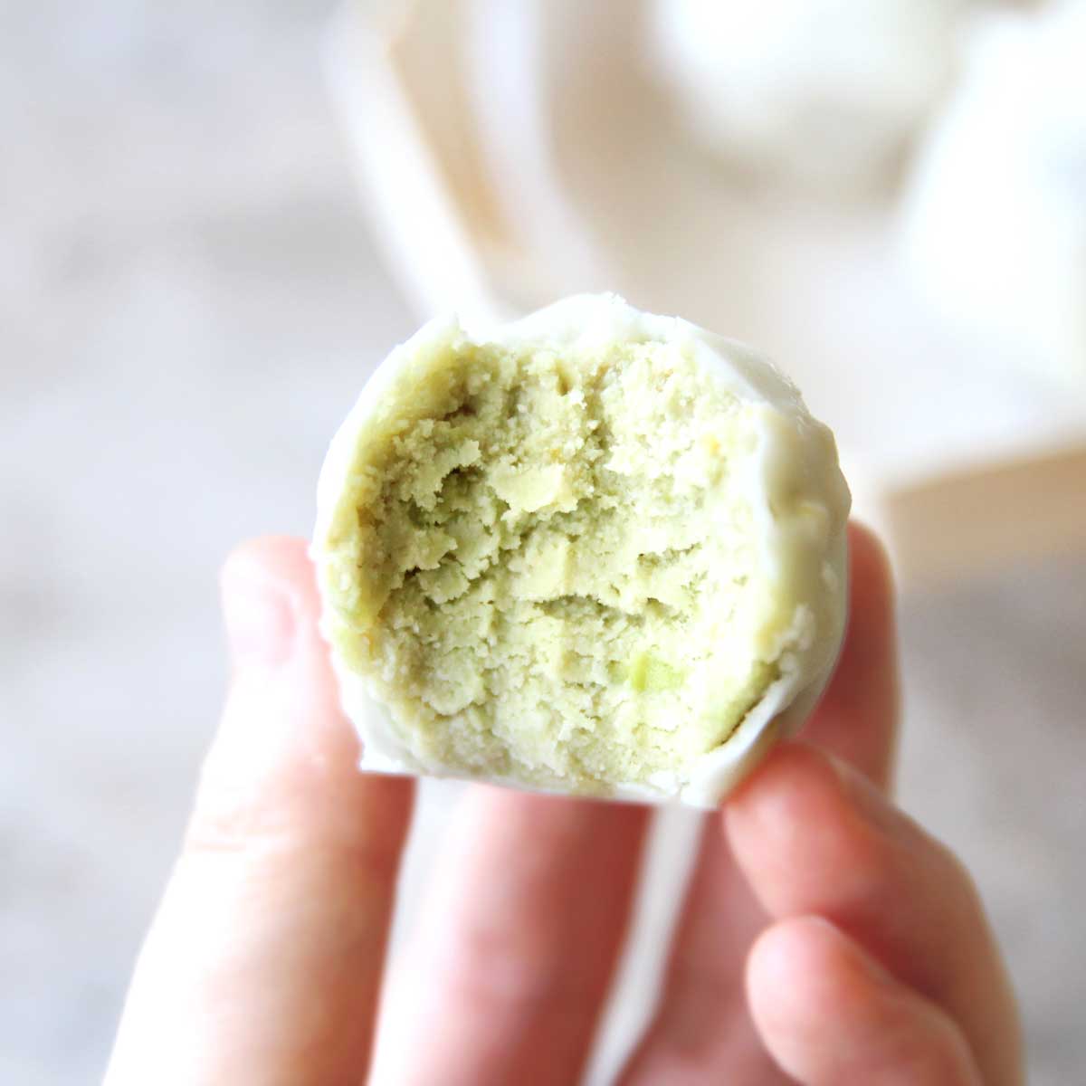 Easy Avocado Protein Balls with a White Chocolate Shell - Sweet Matcha Whipped Cream