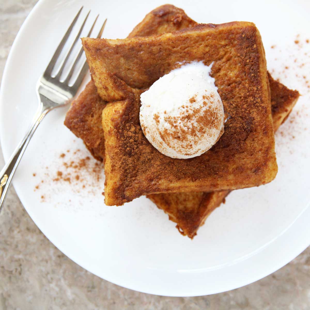 Easy vegan pumpkin spice French toast at home served with ice cream
