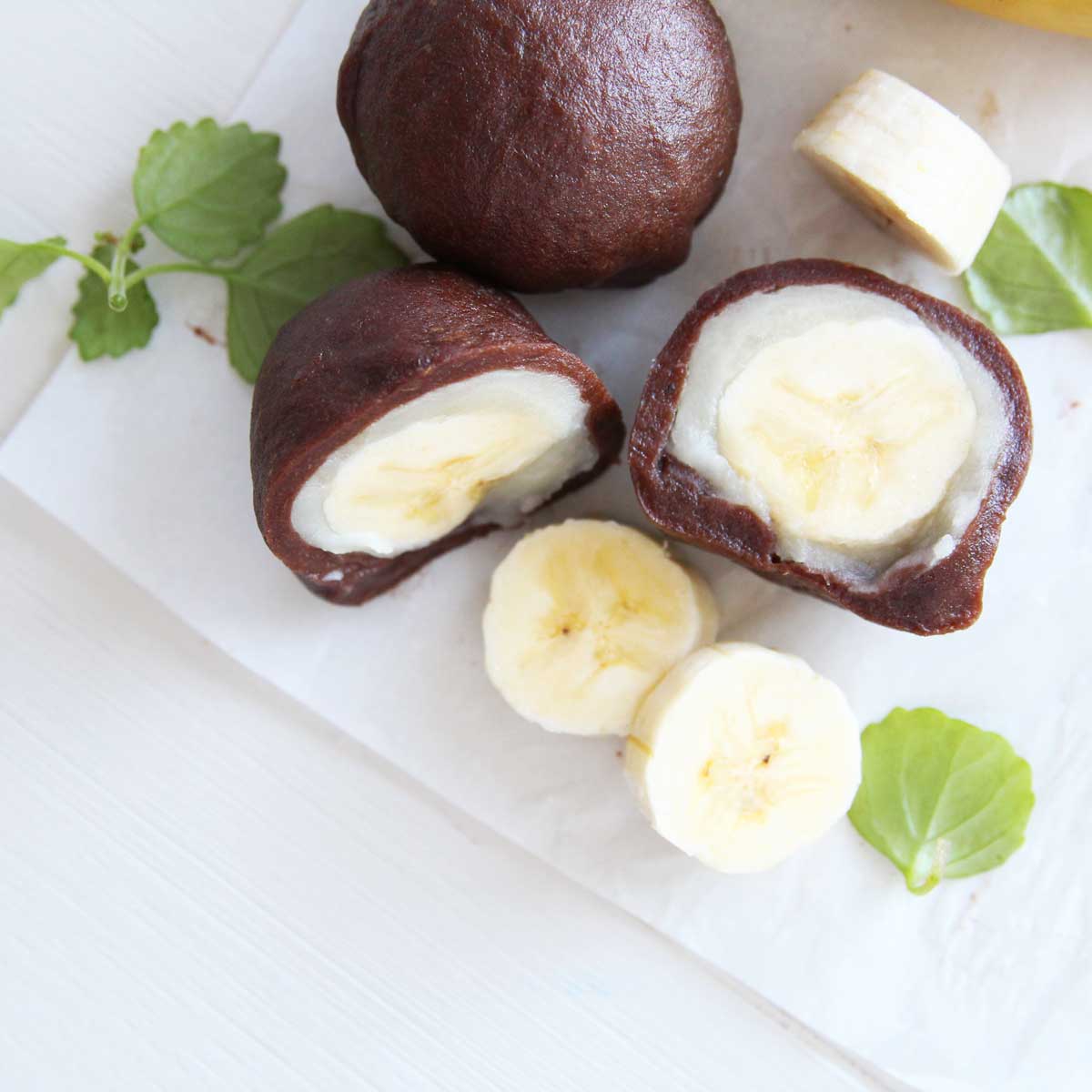 Homemade Banana Chocolate Mochi with Fresh Banana Filling - cashew butter mooncakes