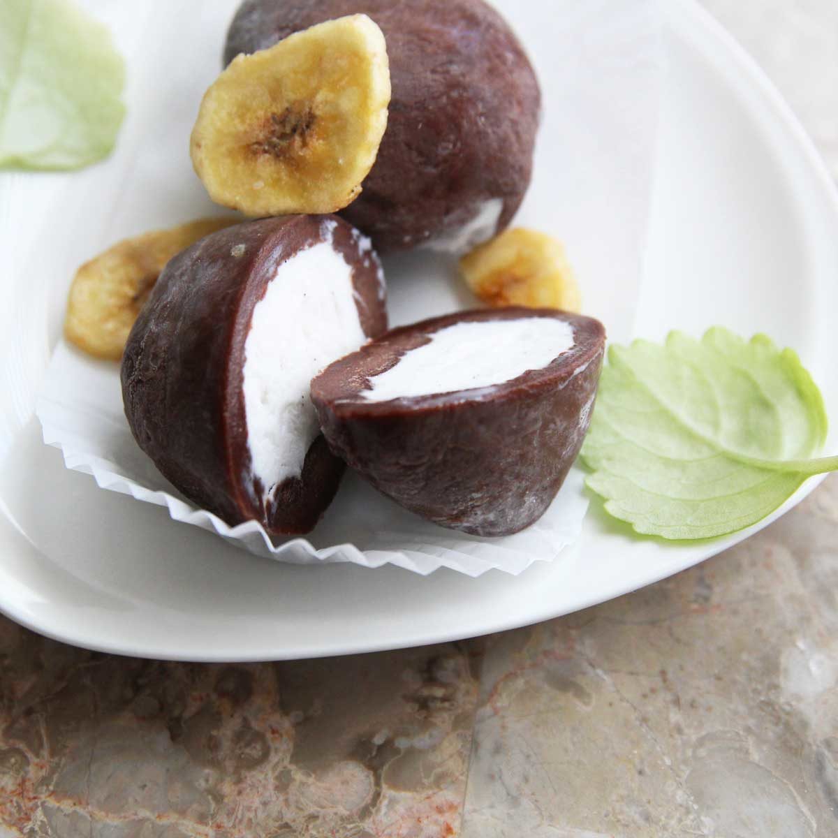 Homemade Banana Chocolate Mochi Balls with Vanilla Ice Cream - chocolate mochi