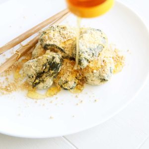 mugwort mochi with kinako powder and honey
