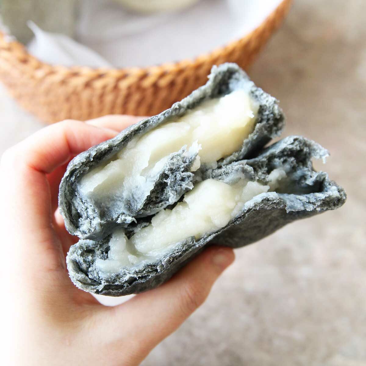 charcoal flavored sweet steamed buns with white bean paste filling