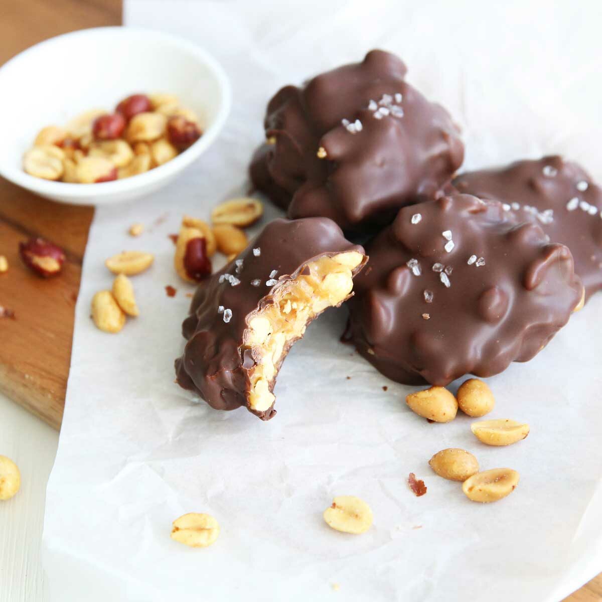 Chocolate Peanut Clusters with Collagen Caramel Filling (Easy, Keto Recipe)