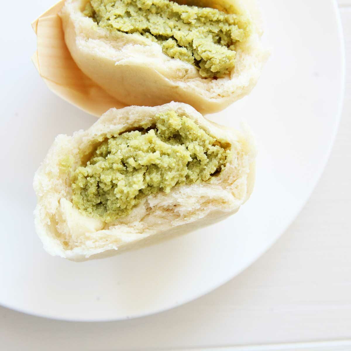 sweet steamed buns with matcha mung bean filling