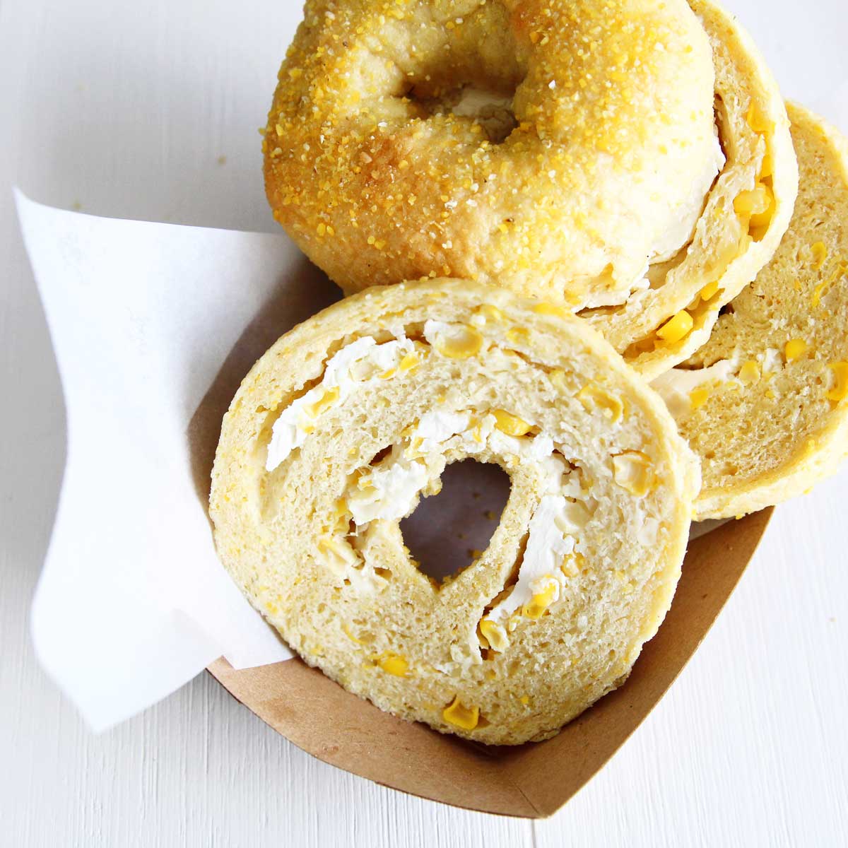 The Fun Breakfast Bagel! Cornbread Bagels Stuffed With Cream Cheese - Corn Mochi Cake