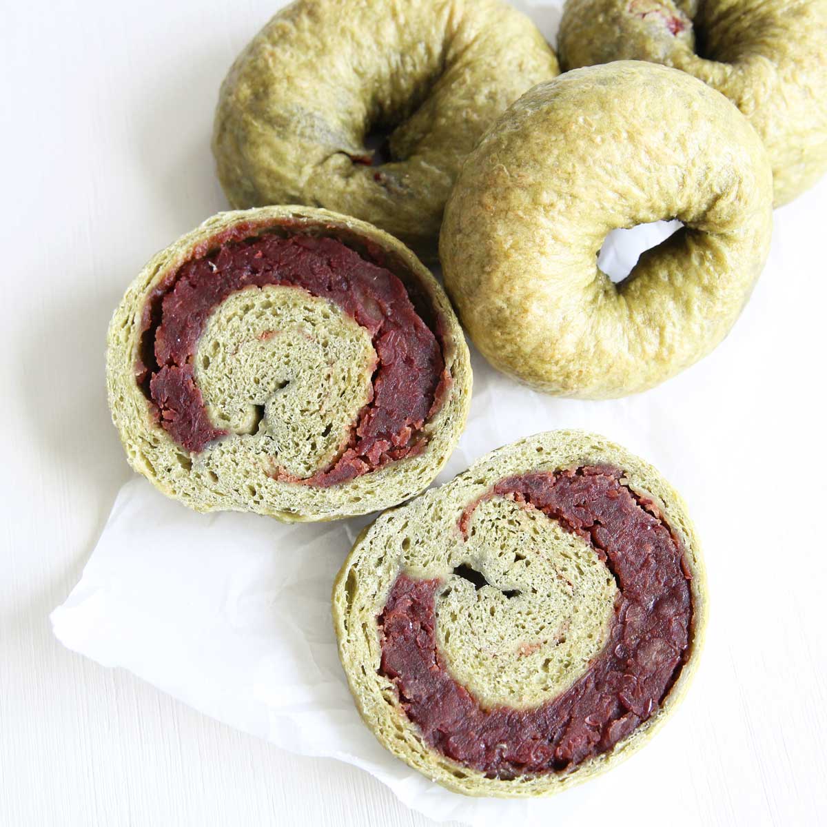 Homemade Applesauce Matcha Bagels with Red Bean Paste Filling - Red Bean Mochi Cake