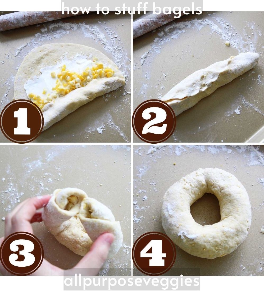 step by step guide - how to stuff cornbread bagels with cream cheese filling - APV