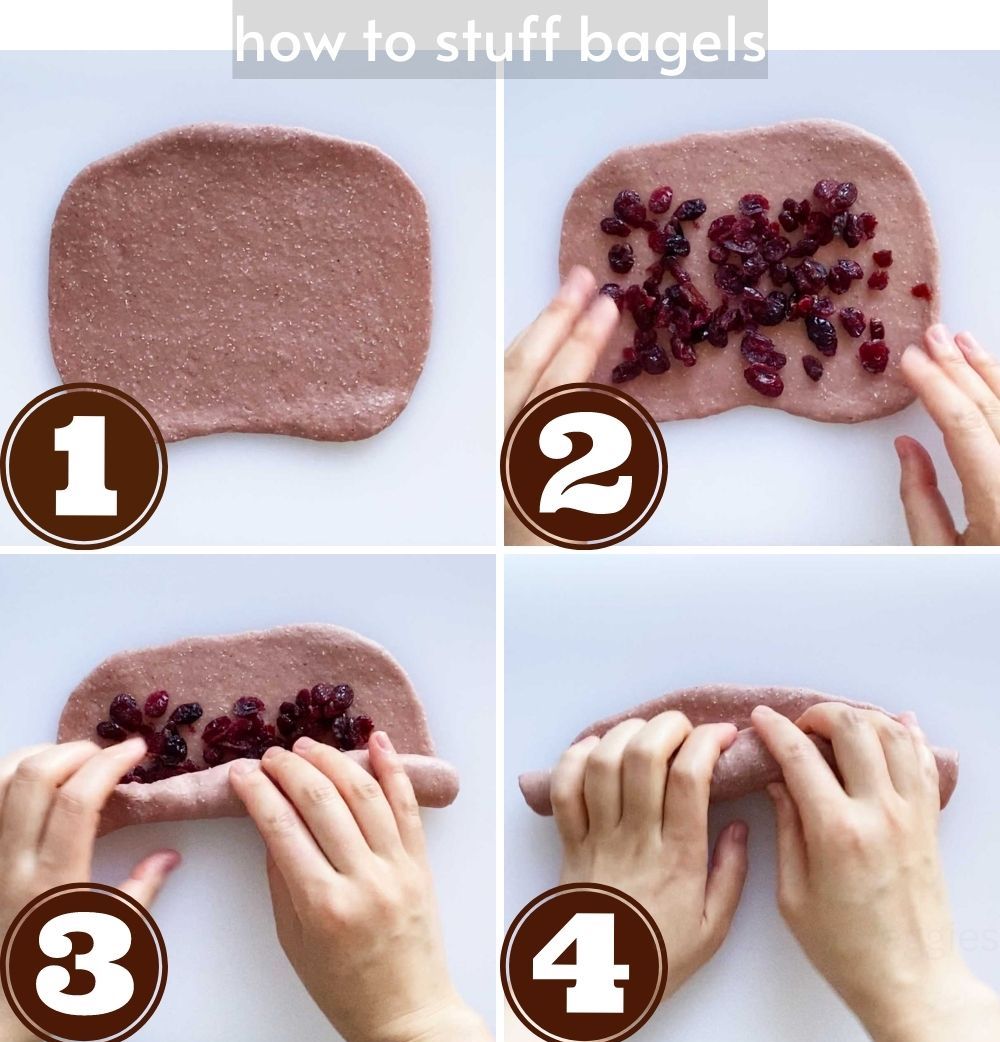 step by step guide - how to stuff cranberry bagels with swirled filling effect  - APV
