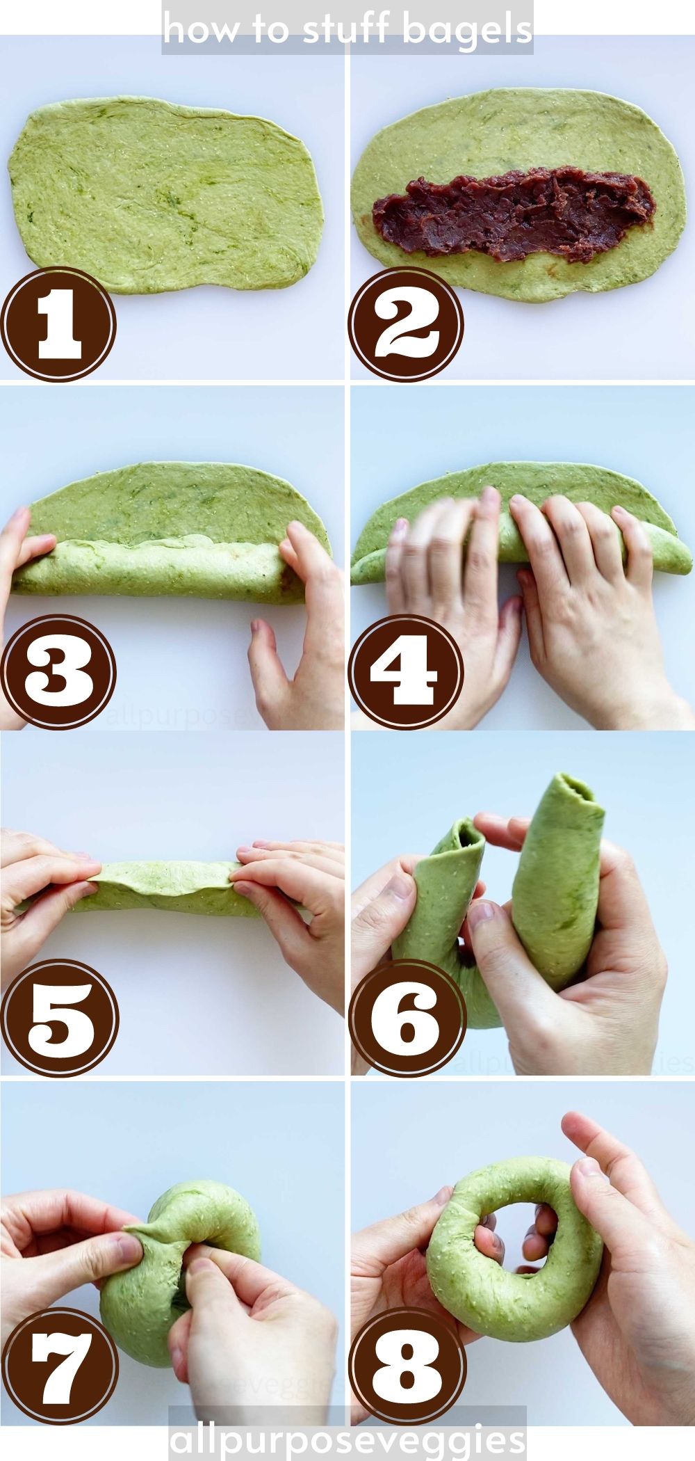step by step guide - how to stuff matcha bagels with red bean paste filling