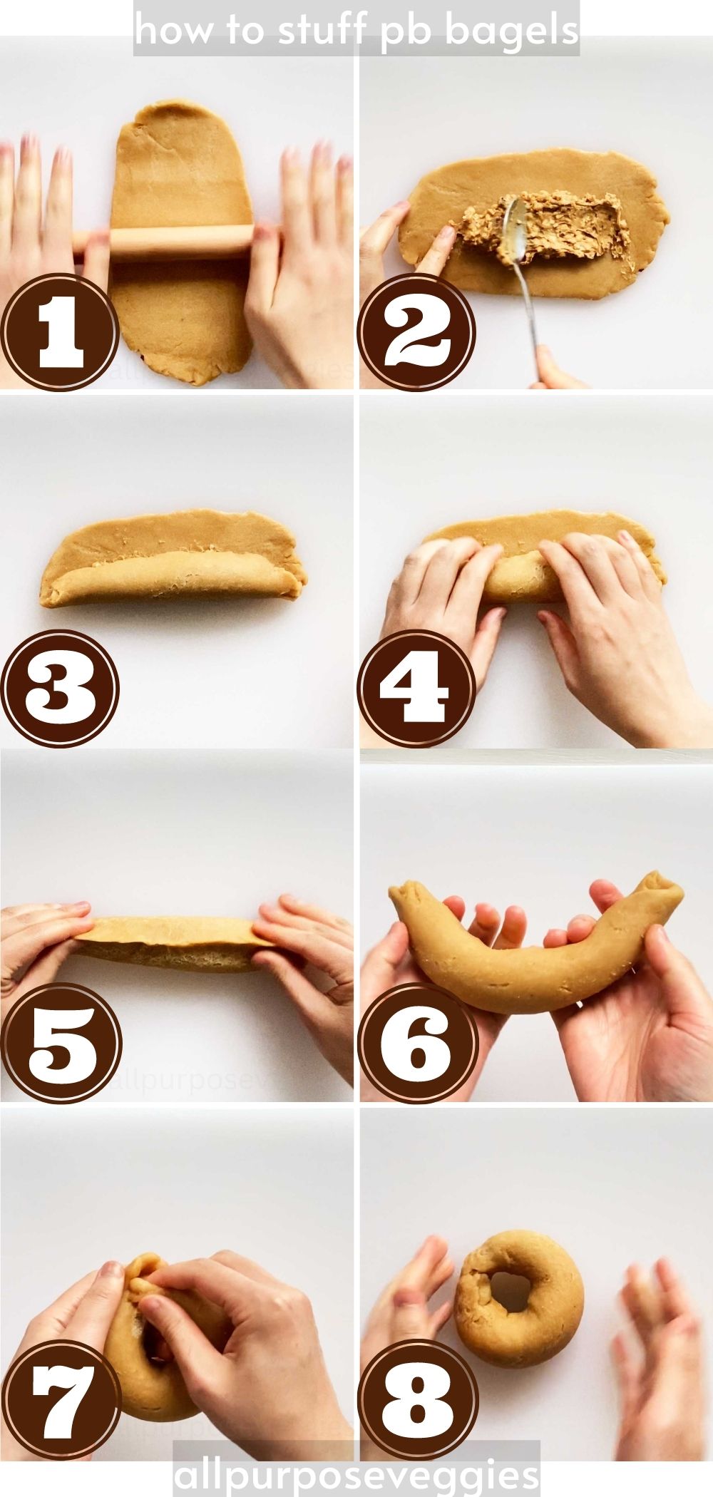 step by step guide - how to stuff pb bagels with peanut butter filling
