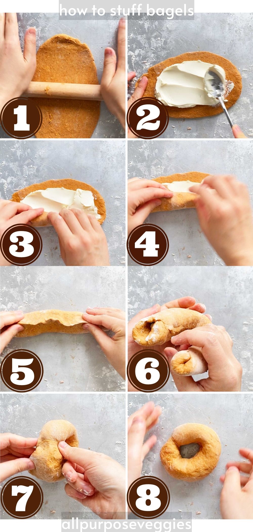 step by step guide - how to stuff pumpkin bagel with cream cheese swirl filling