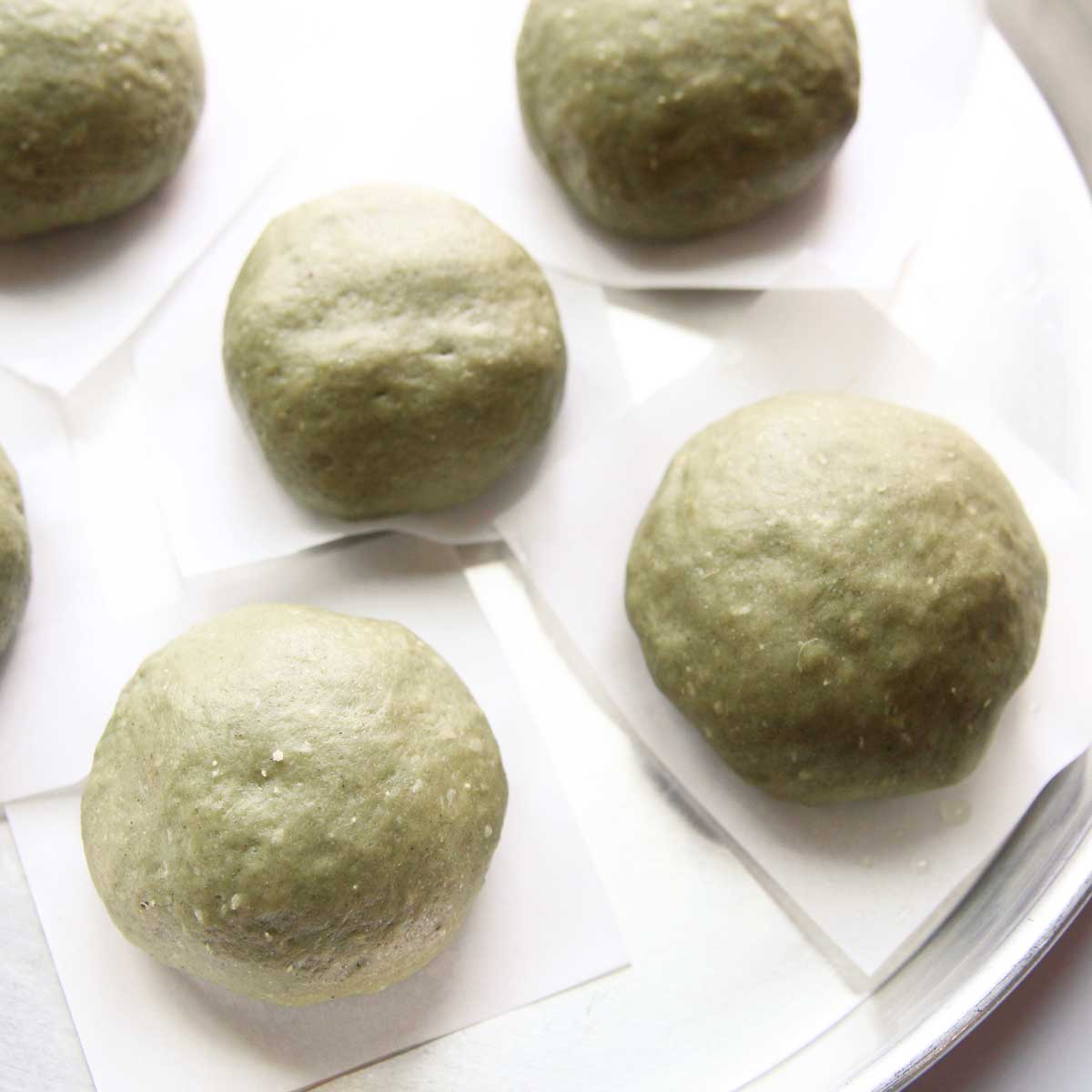 Korean Sweet Potato & Mugwort Steamed Buns with Mung Bean Filling (고구마 쑥 찐빵) -