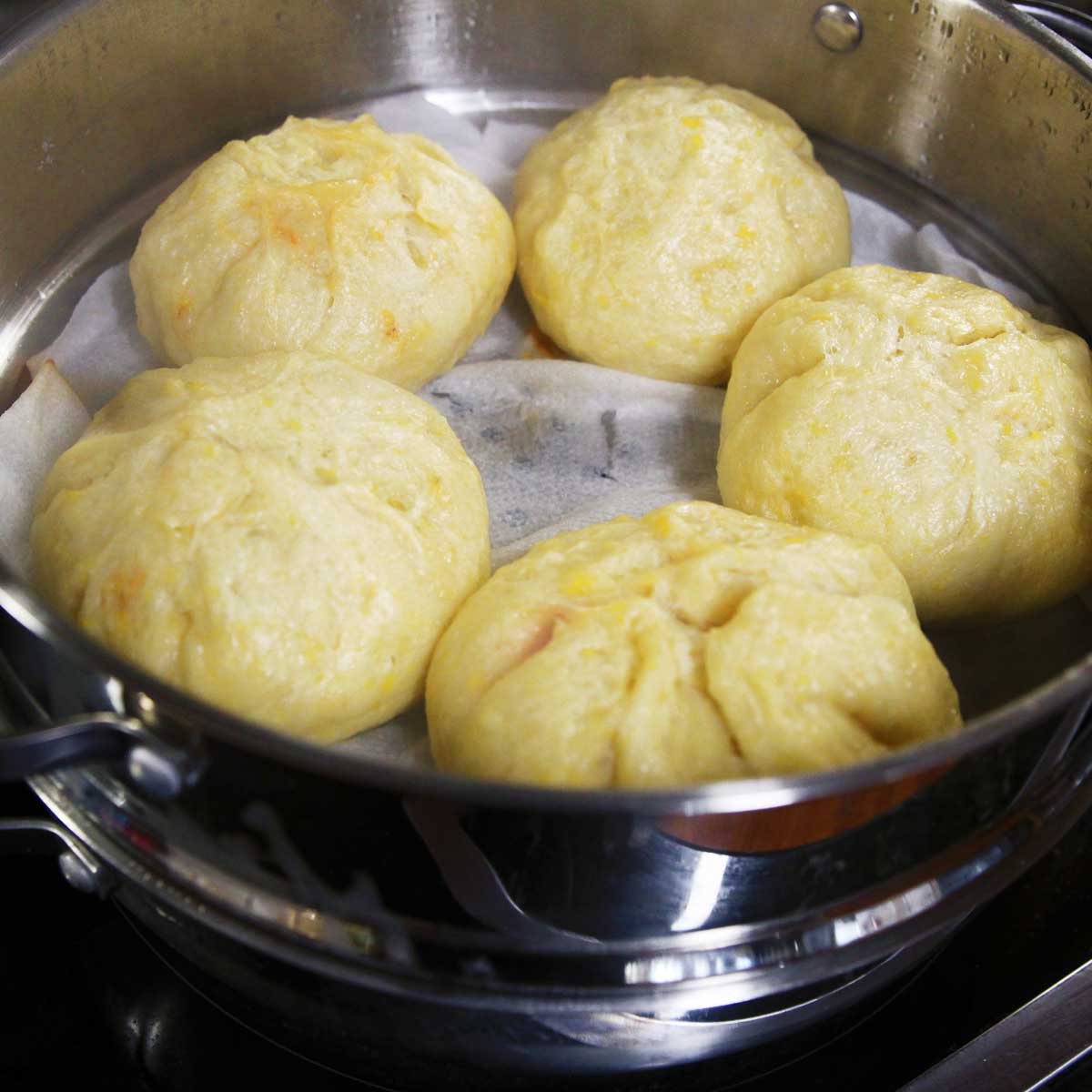Savory "Cornbread" Steamed Buns with a Korean Cheese Corn Filling - Cornbread Steamed Buns
