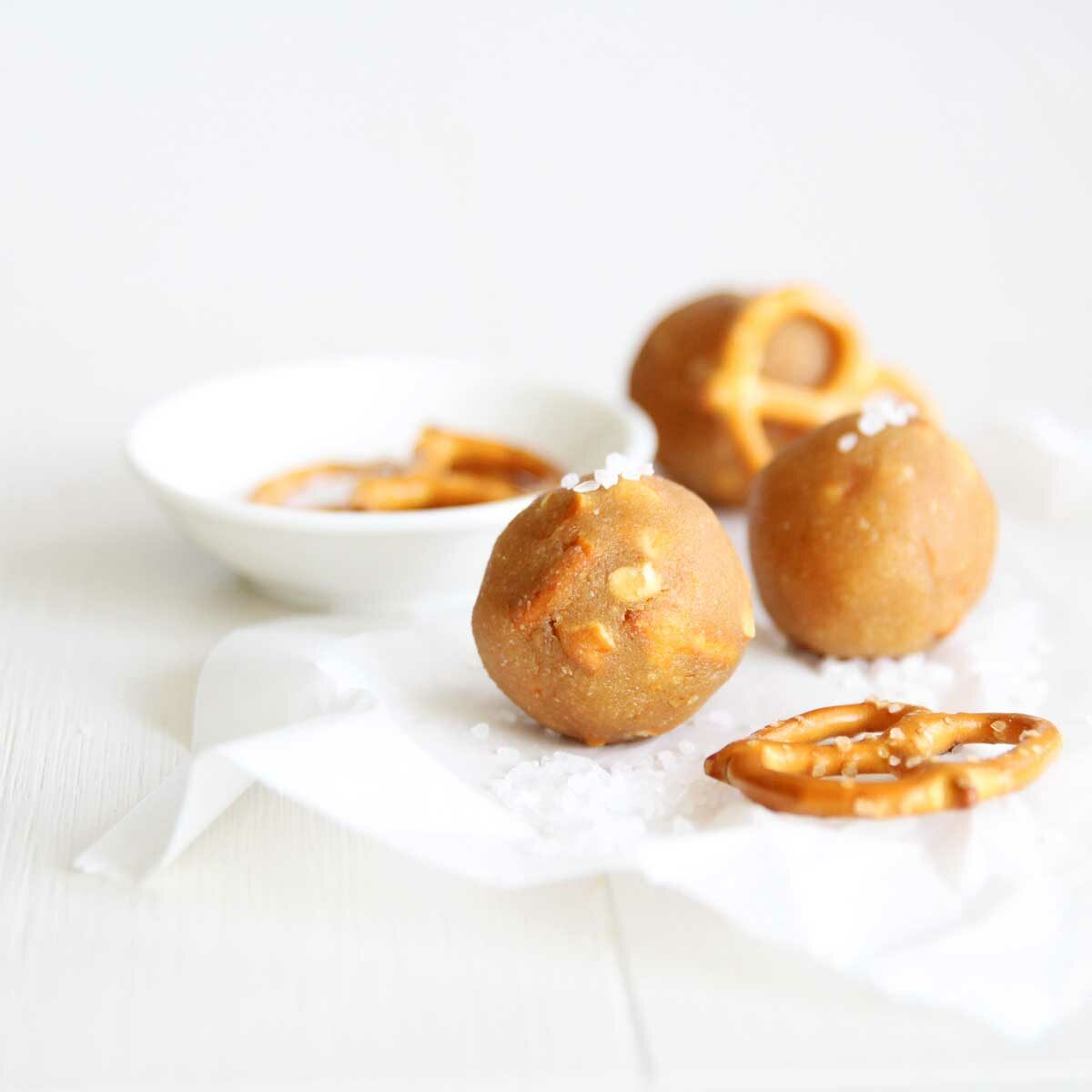 Sweet and Salty Peanut Butter Collagen Protein Balls with Pretzels