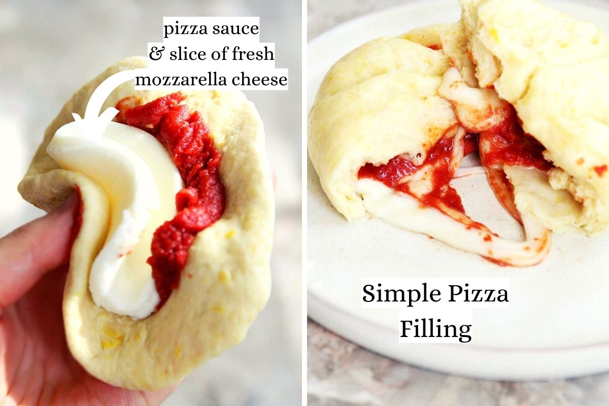 steamed buns - pizza filling with cheese collage image
