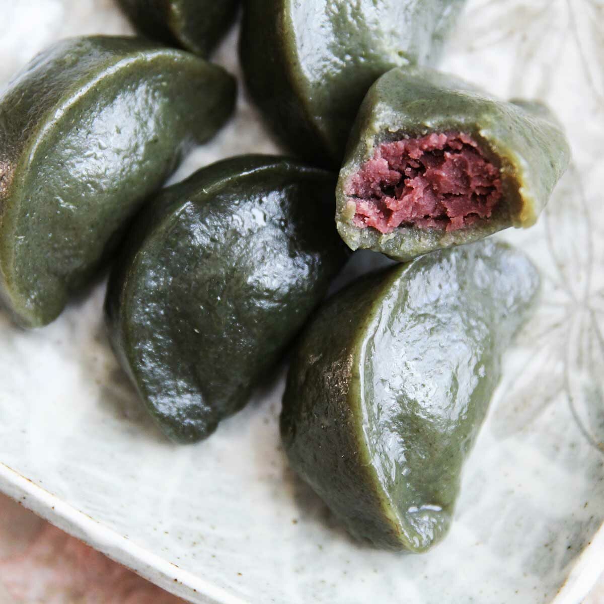sweet potato mugwort songpyeon korean rice cake with homemade red bean paste