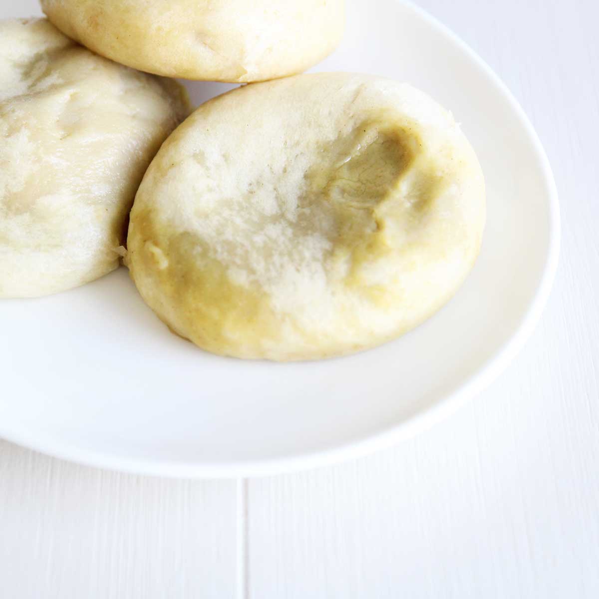 Coconut Cream Steamed Buns with a Vegan Pistachio Custard Filling - sweet potato mooncakes
