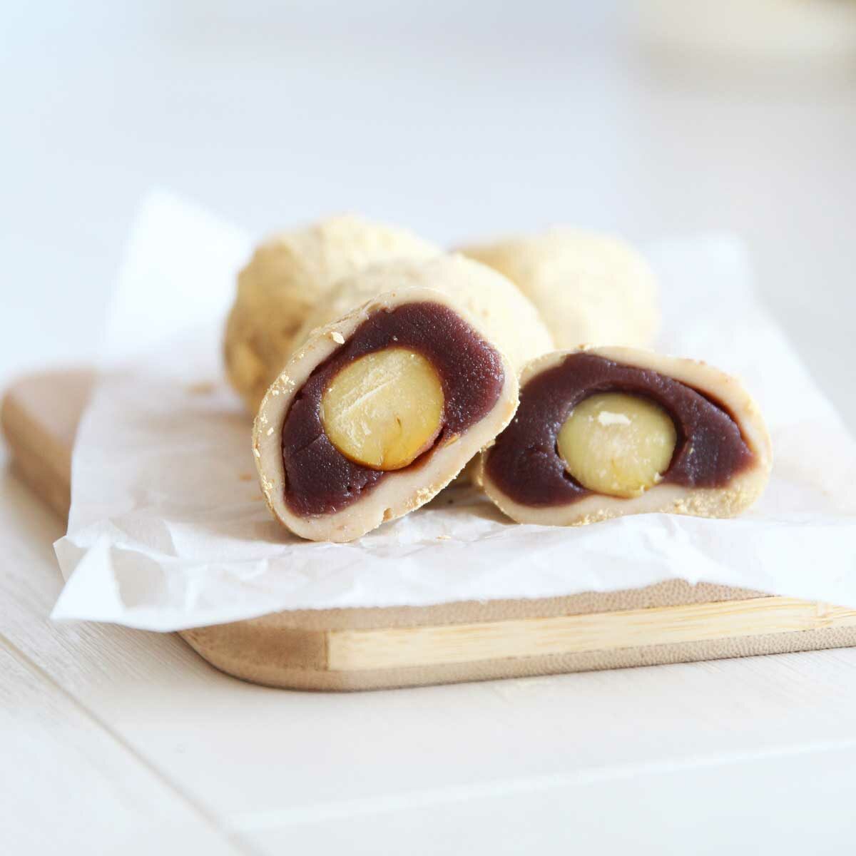 cashew butter mochi with chestnut red bean filling