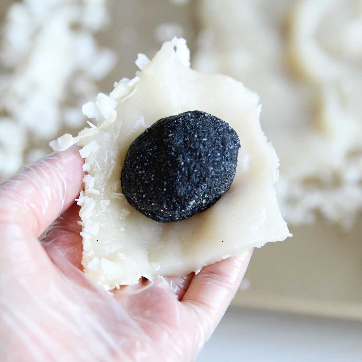 Easy Microwave Coconut Mochi with Black Sesame Filling - Microwave Coconut Mochi