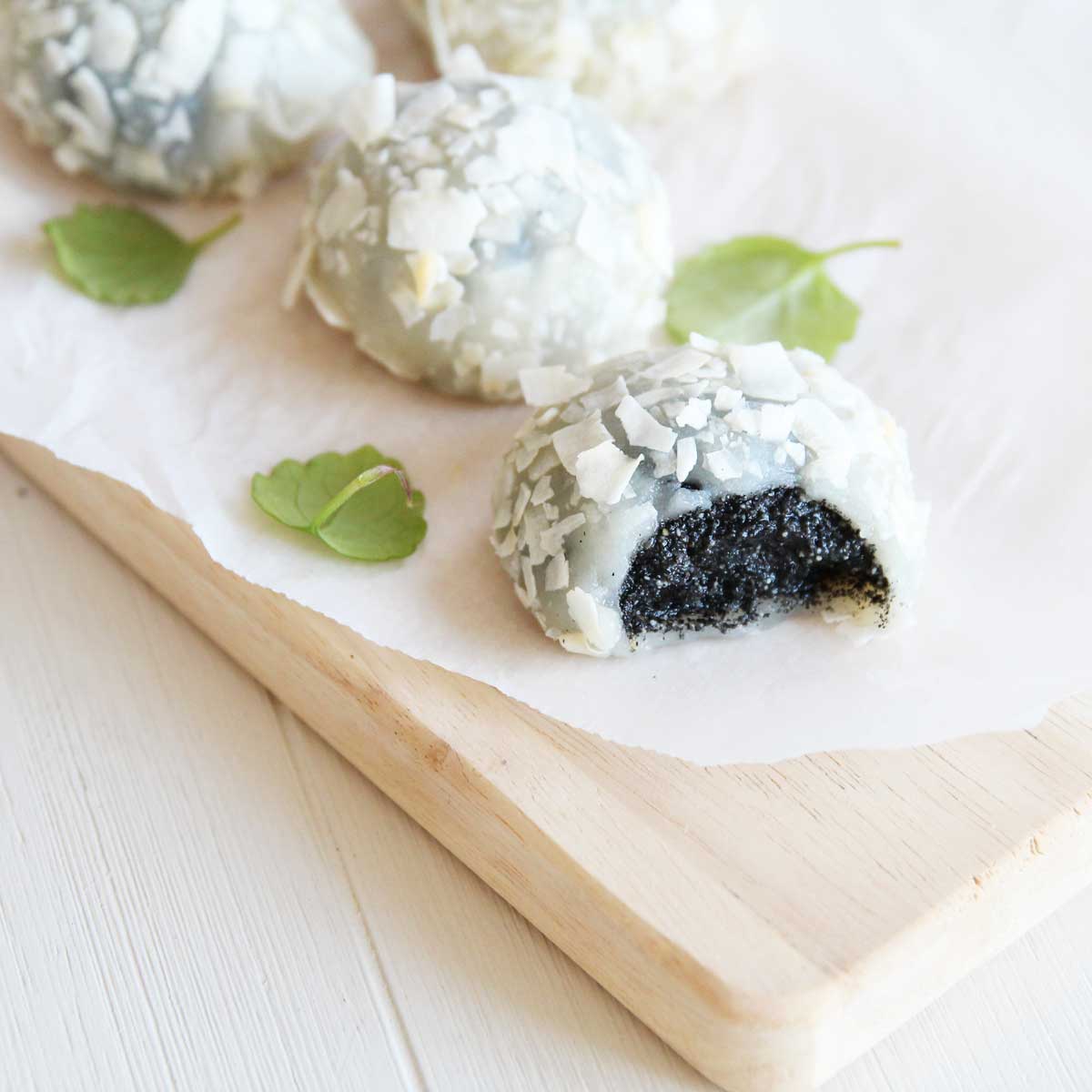 Easy Microwave Coconut Mochi with Black Sesame Filling - Banana Chocolate Mochi