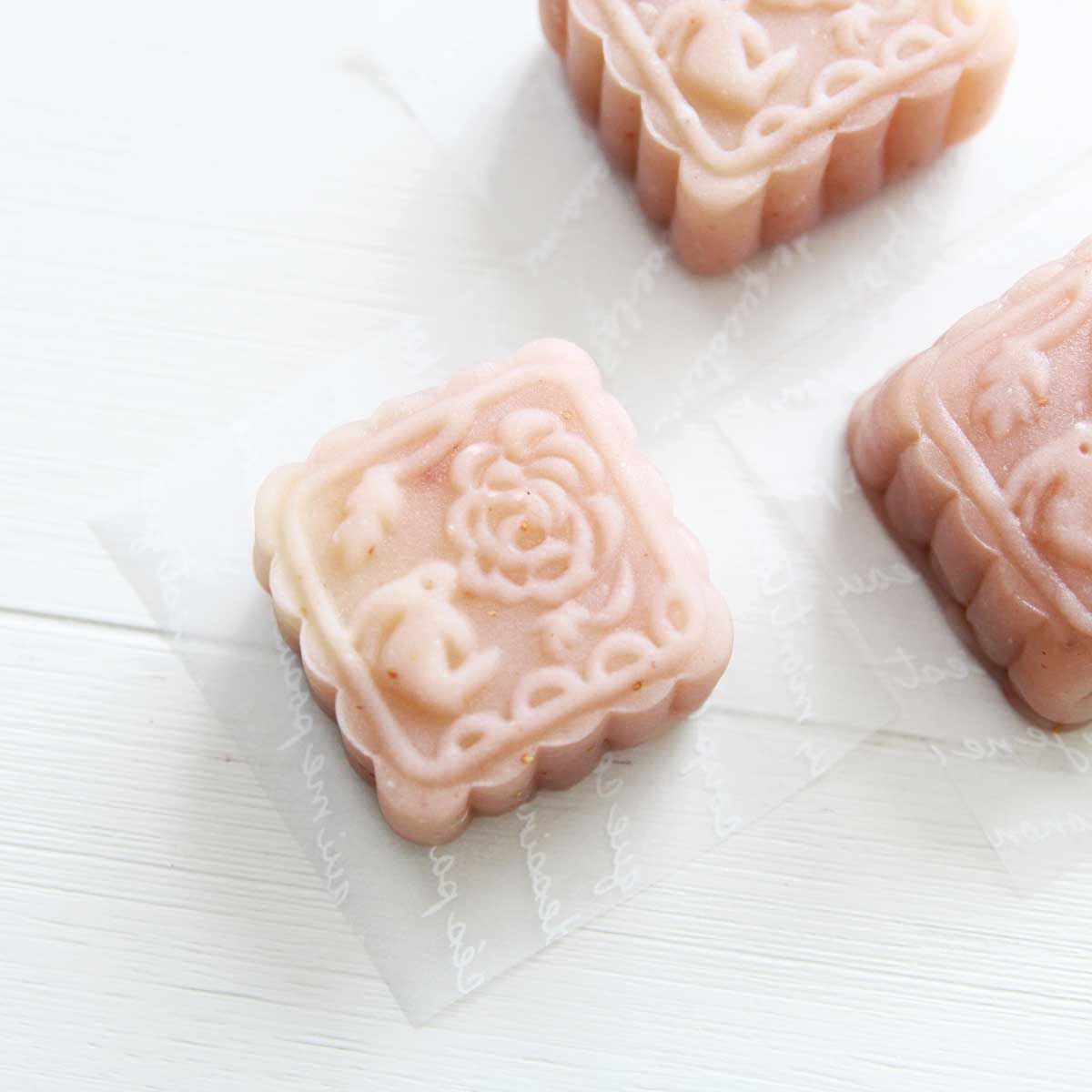 strawberry snowskin mooncakes with white filling
