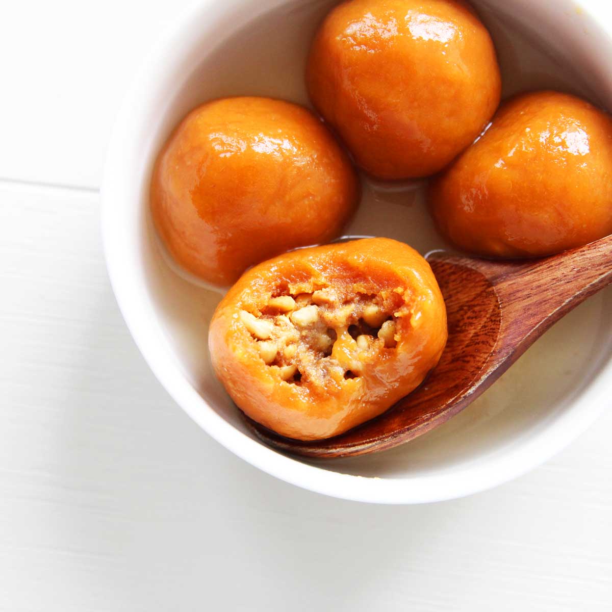 Pumpkin Tang Yuan with Easy Peanut Filling - Peanut Butter Glaze