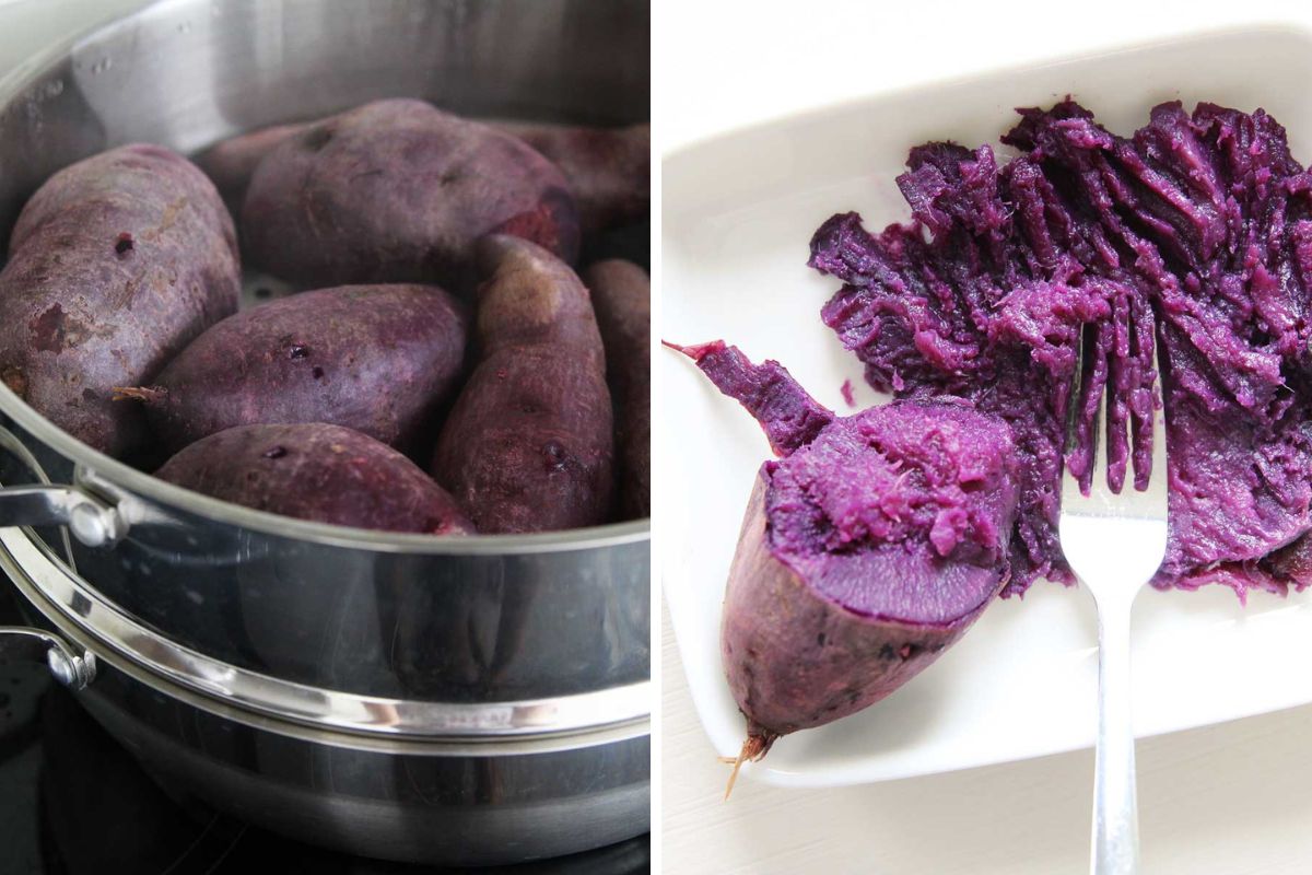 collage image - ingredient pic - ube purple yam steamed