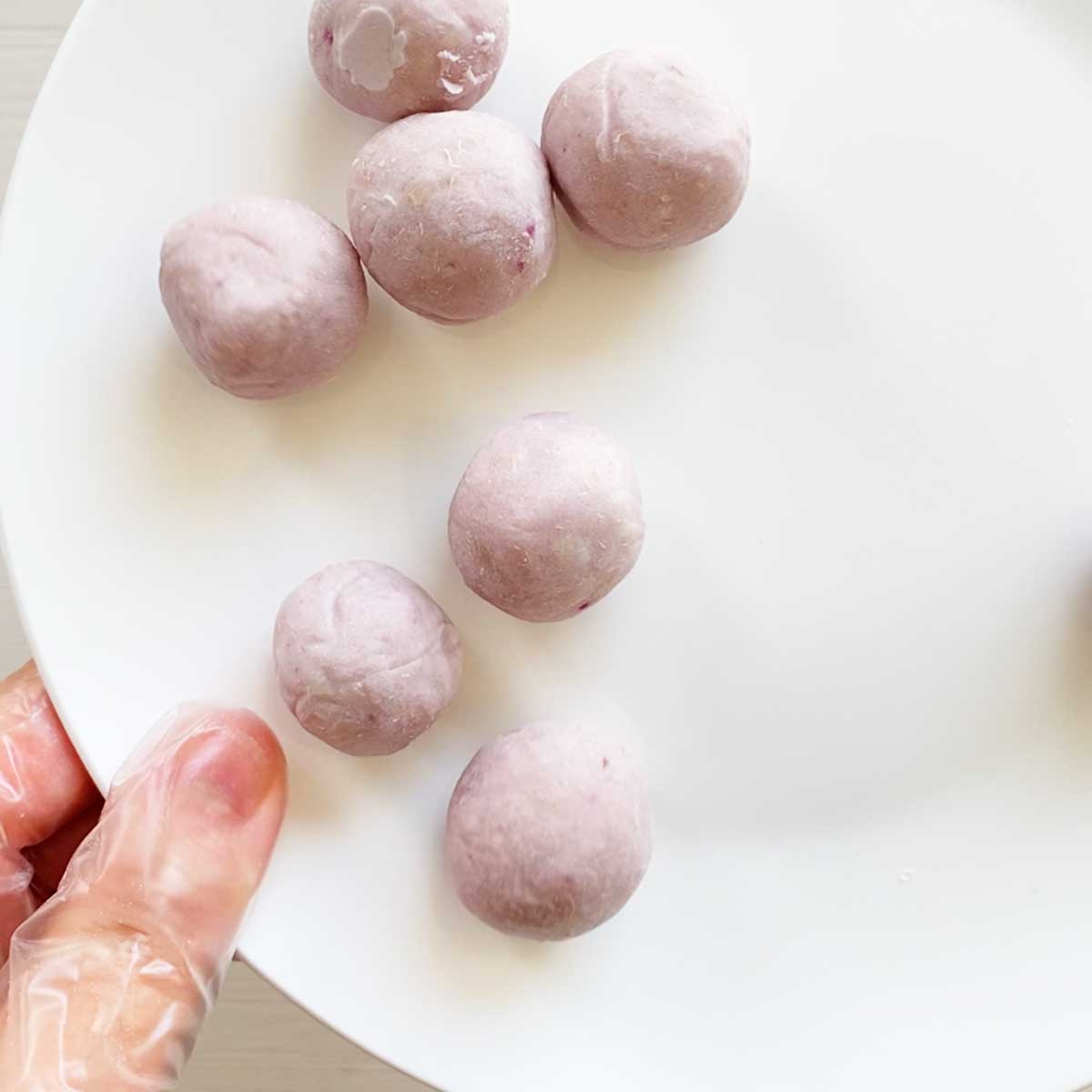 sweet taro paste filling rolled into balls