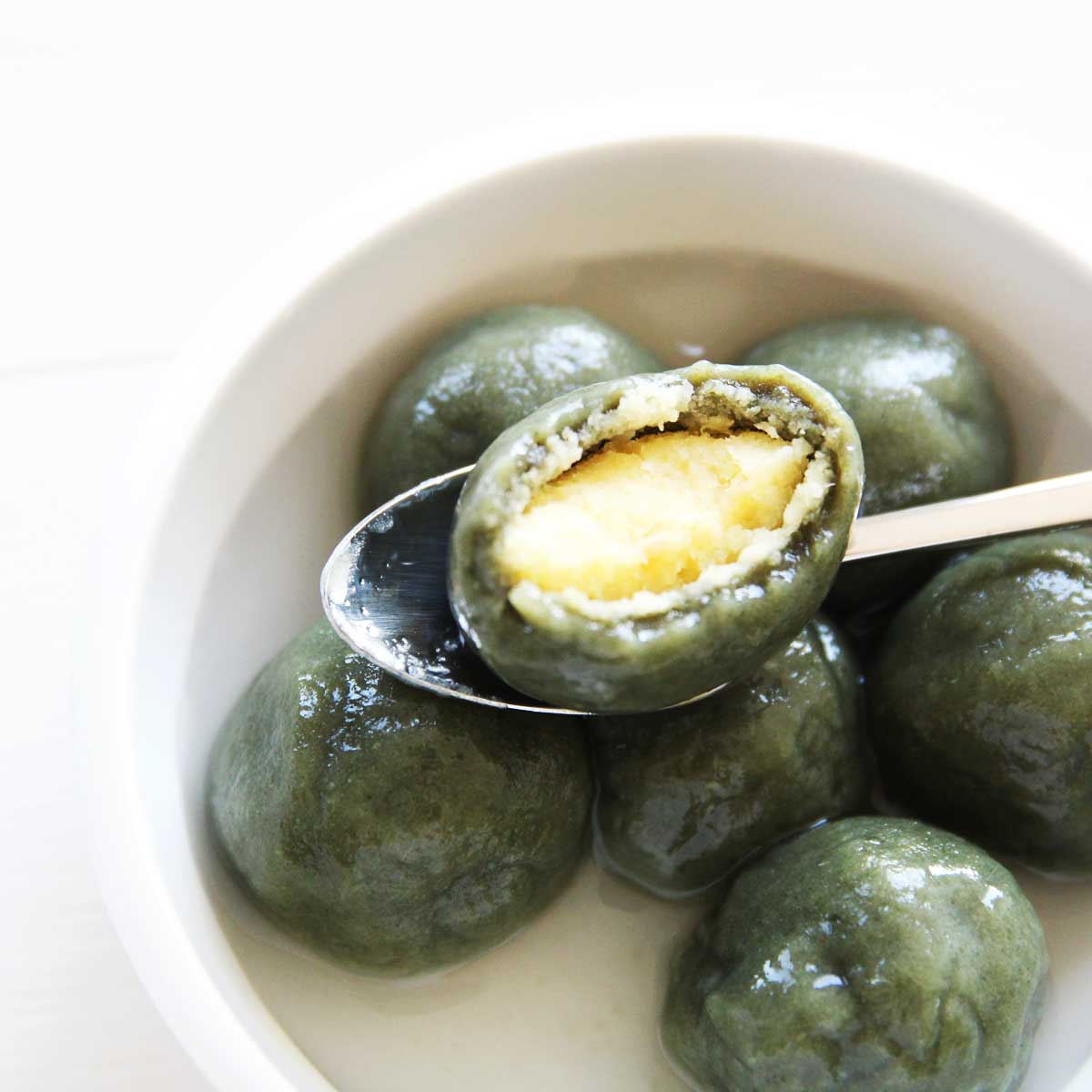 Mugwort Sweet Potato Tang Yuan (Dango) with Mung Bean Filling -