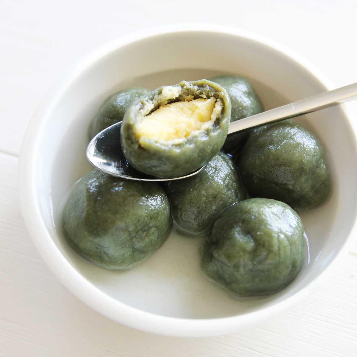 Mugwort Sweet Potato Tang Yuan (Dango) with Mung Bean Filling - Walnut Butter Glaze