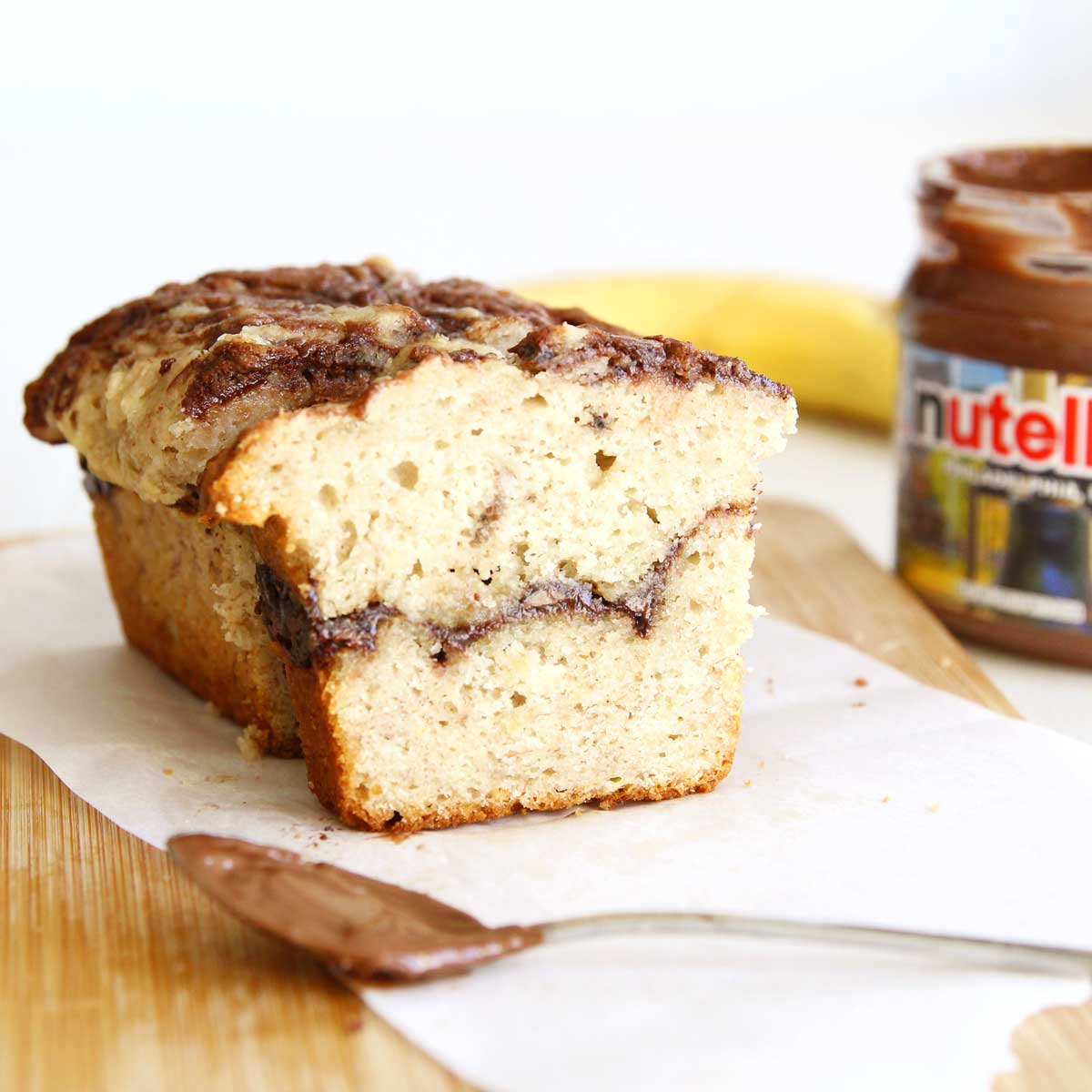Super Moist Nutella Stuffed Banana Bread with Olive Oil & Almond Flour - Nutella Stuffed Banana