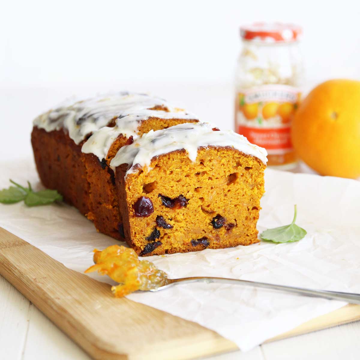 Cranberry Pumpkin Bread with Simple Orange Marmalade Glaze - Peppermint Whipped Cream