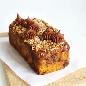 Nutella Marbled Chocolate Pumpkin Bread with Hazelnuts (eggless, dairy free recipe)