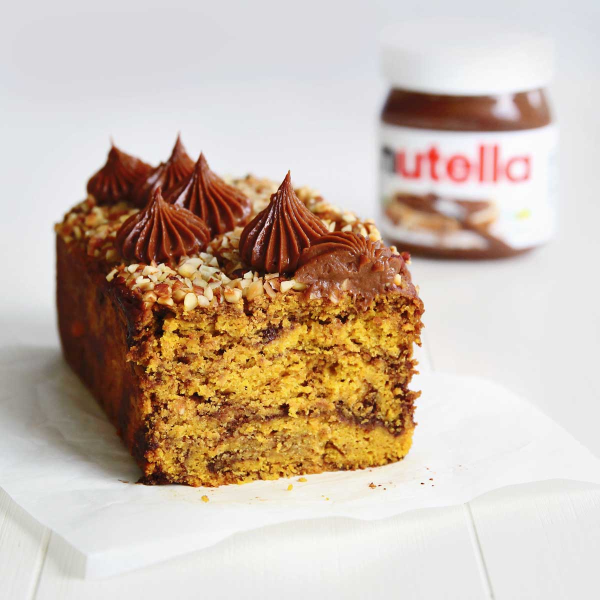 Nutella Marbled Pumpkin Bread with Hazelnuts (eggless, dairy free recipe)