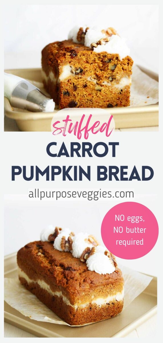 pin image - Carrot Pumpkin Bread with Vegan Cream Cheese Frosting (Eggless, Dairy Free Recipe)