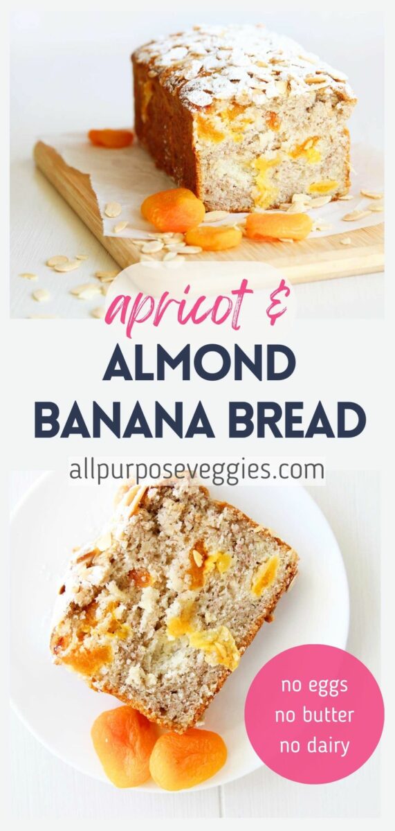 pin image - Simply Divine Moist Vegan Almond Banana Bread with Apricots (No Eggs or Dairy Required!)