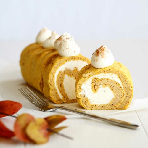 pumpkin spice swiss roll cake w cream cheese filling - gluten free flourless