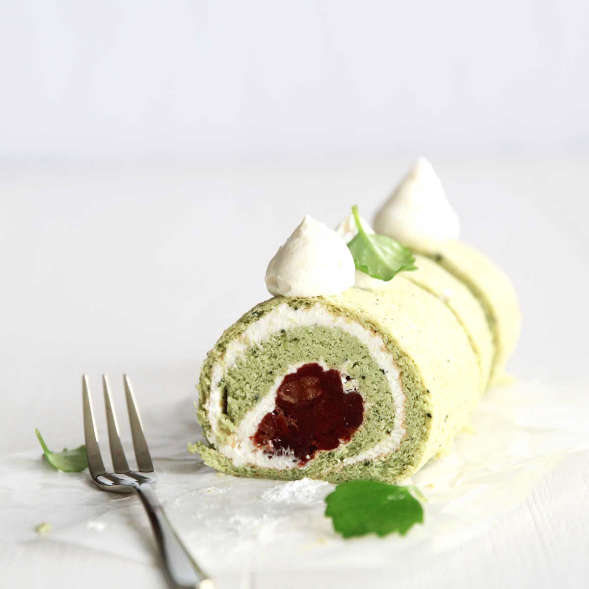 Gluten Free Japanese Matcha Roll Cake with a Sweet Adzuki Filling - Peppermint Whipped Cream