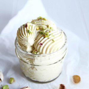 pin image - Homemade Pistachio Honey Whipped Cream (Stabilized with Cream Cheese)