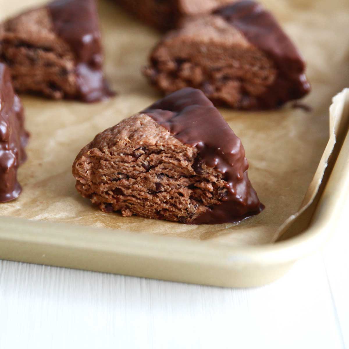 double chocolate scones dipped in melted chocolate