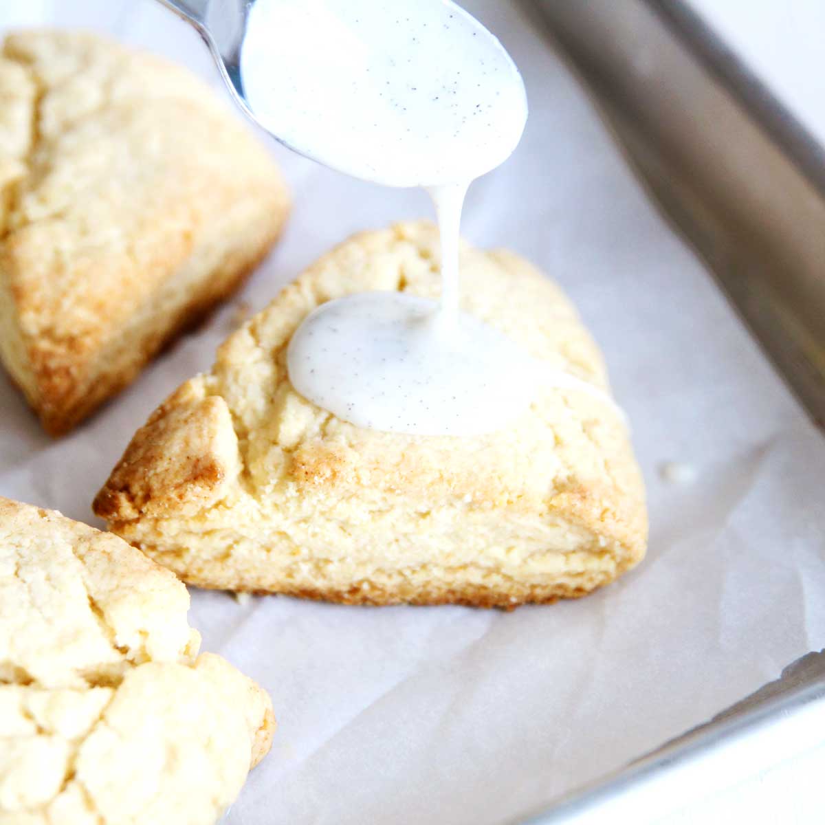 basic scones with a vanilla bean glaze