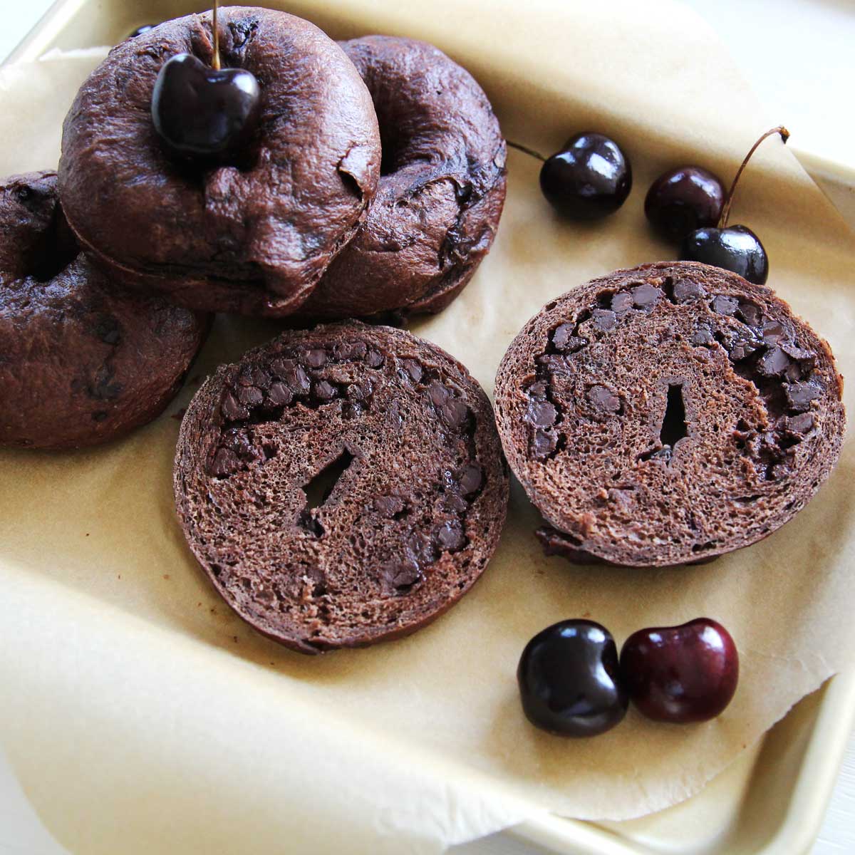 Black Forest Chocolate Chip & Cherry Stuffed Bagels - Double Chocolate Scones